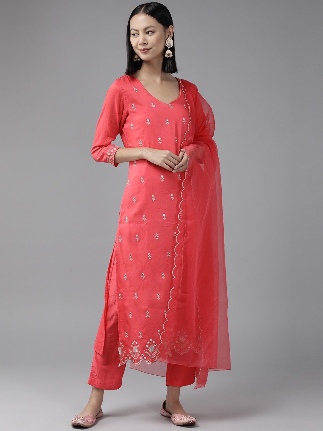 

Yufta Women Pink Embroidered Mirror Work Kurta With Trousers & Dupatta