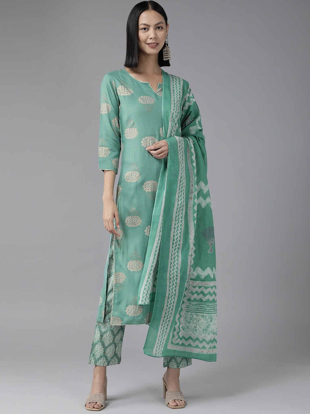 

Yufta Women Sea Green Ethnic Motifs Printed Gotta Patti Kurta With Trousers & Dupatta