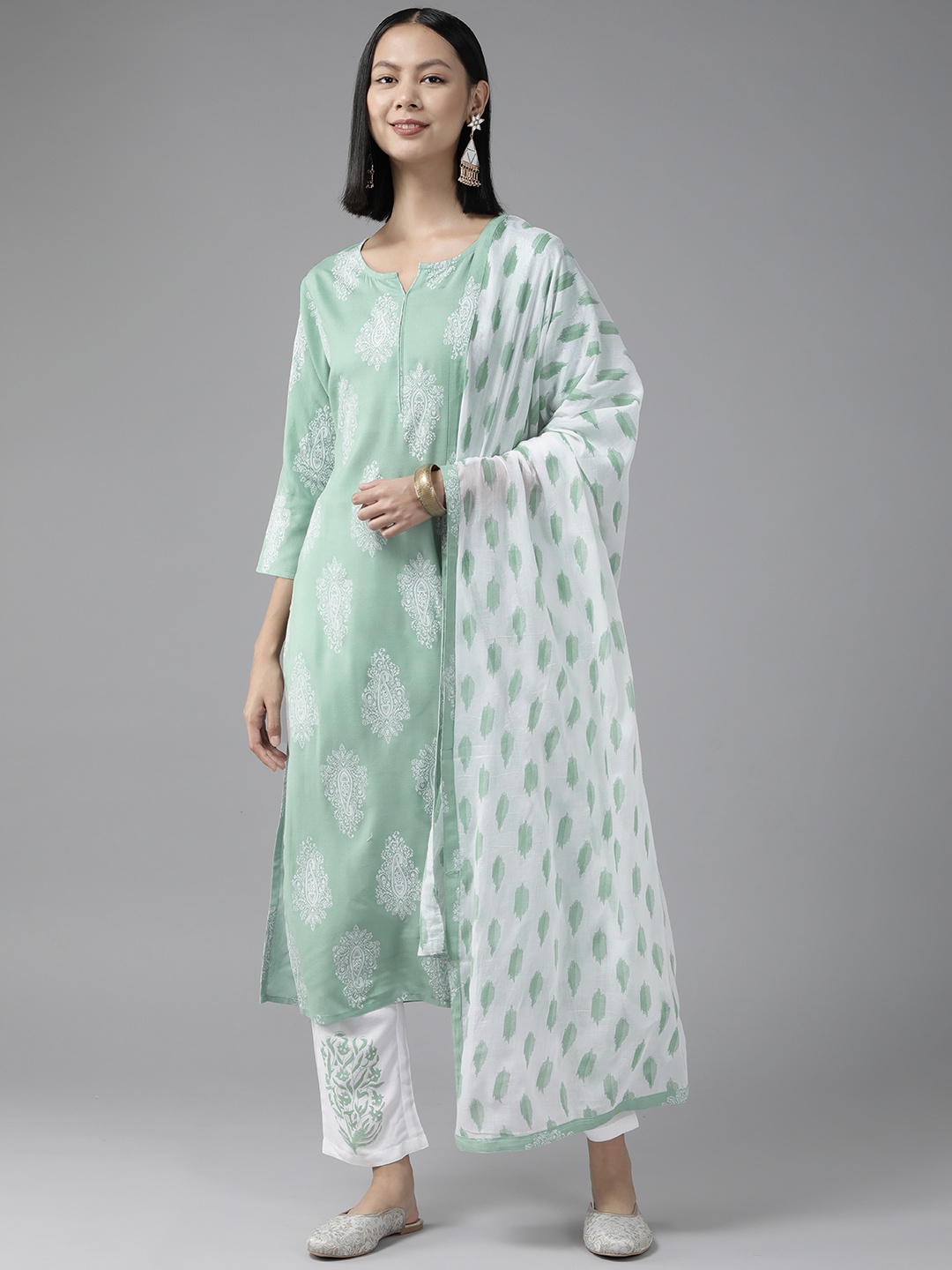 

Yufta Women Green Ethnic Motifs Printed Kurta with Trousers & With Dupatta