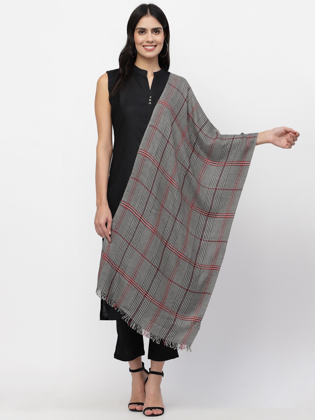 

Anekaant Women Grey & White Checked Stole