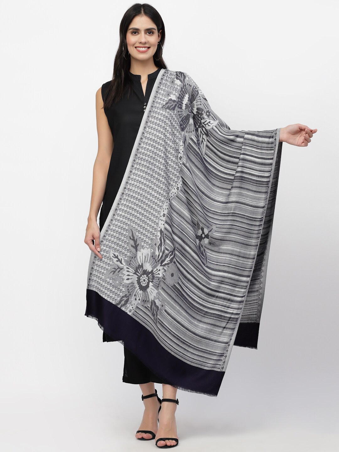 

Anekaant Women Grey & White Striped Stole