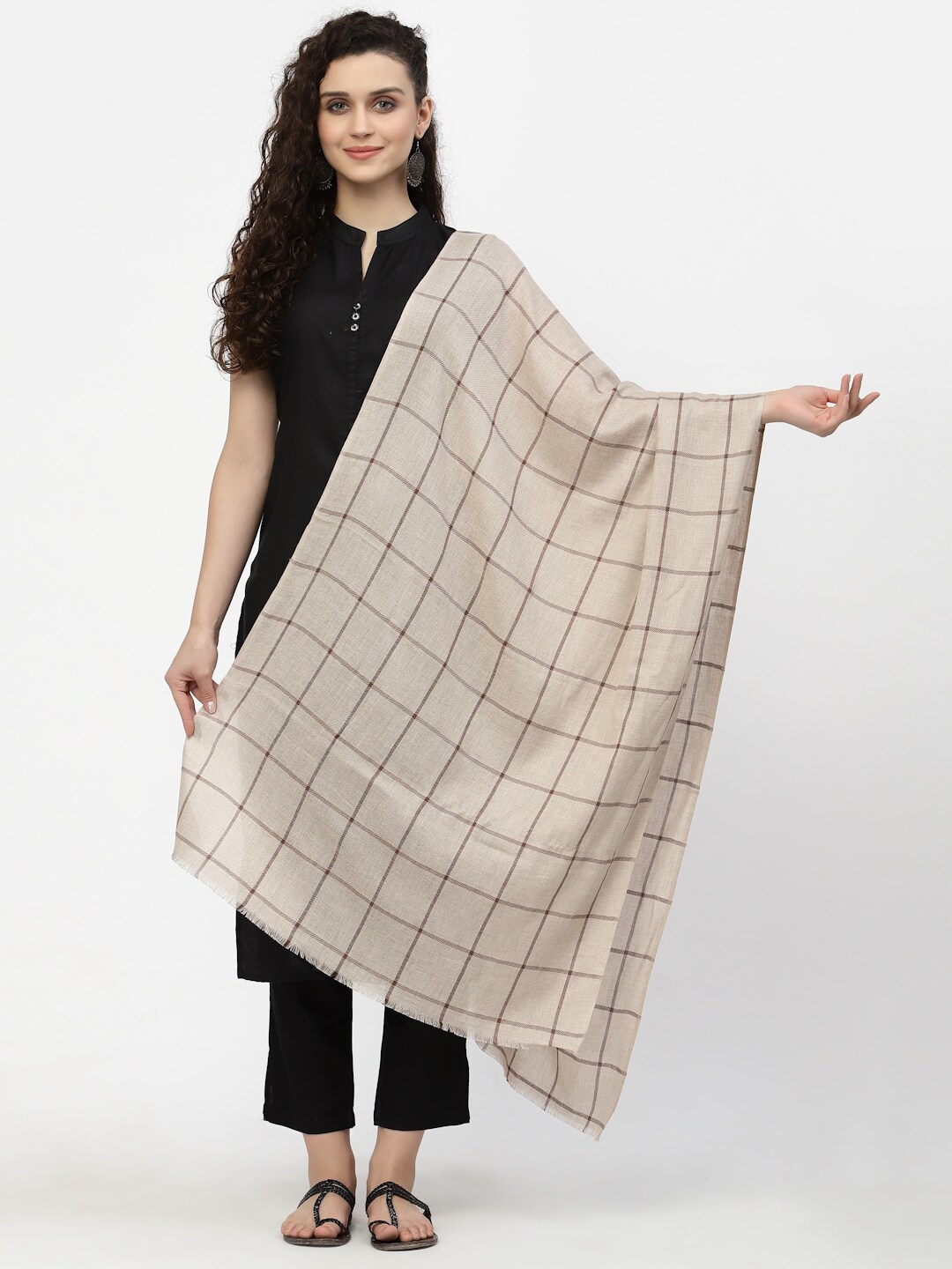 

Anekaant Women Beige & Black Checked Stole