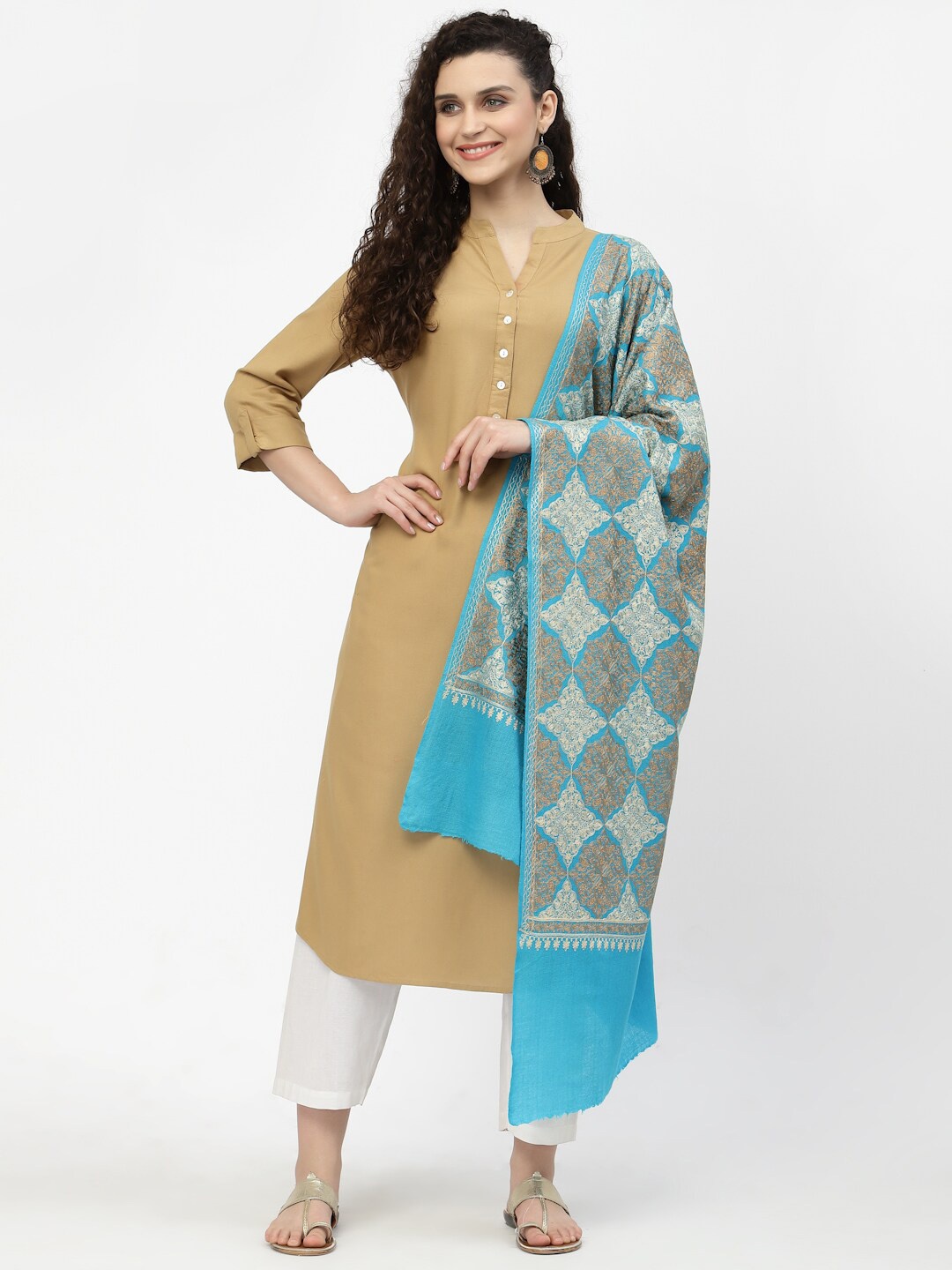 

Anekaant Women Turquoise-Blue Embroidered Woolen Shawl