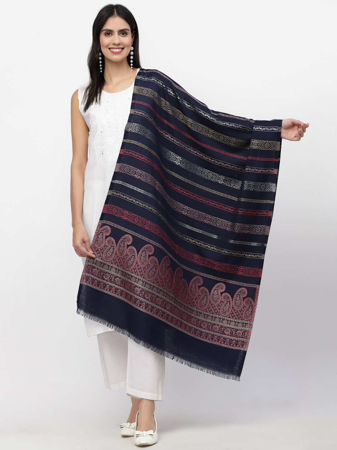

Anekaant Women Navy Blue & Pink Striped Stole