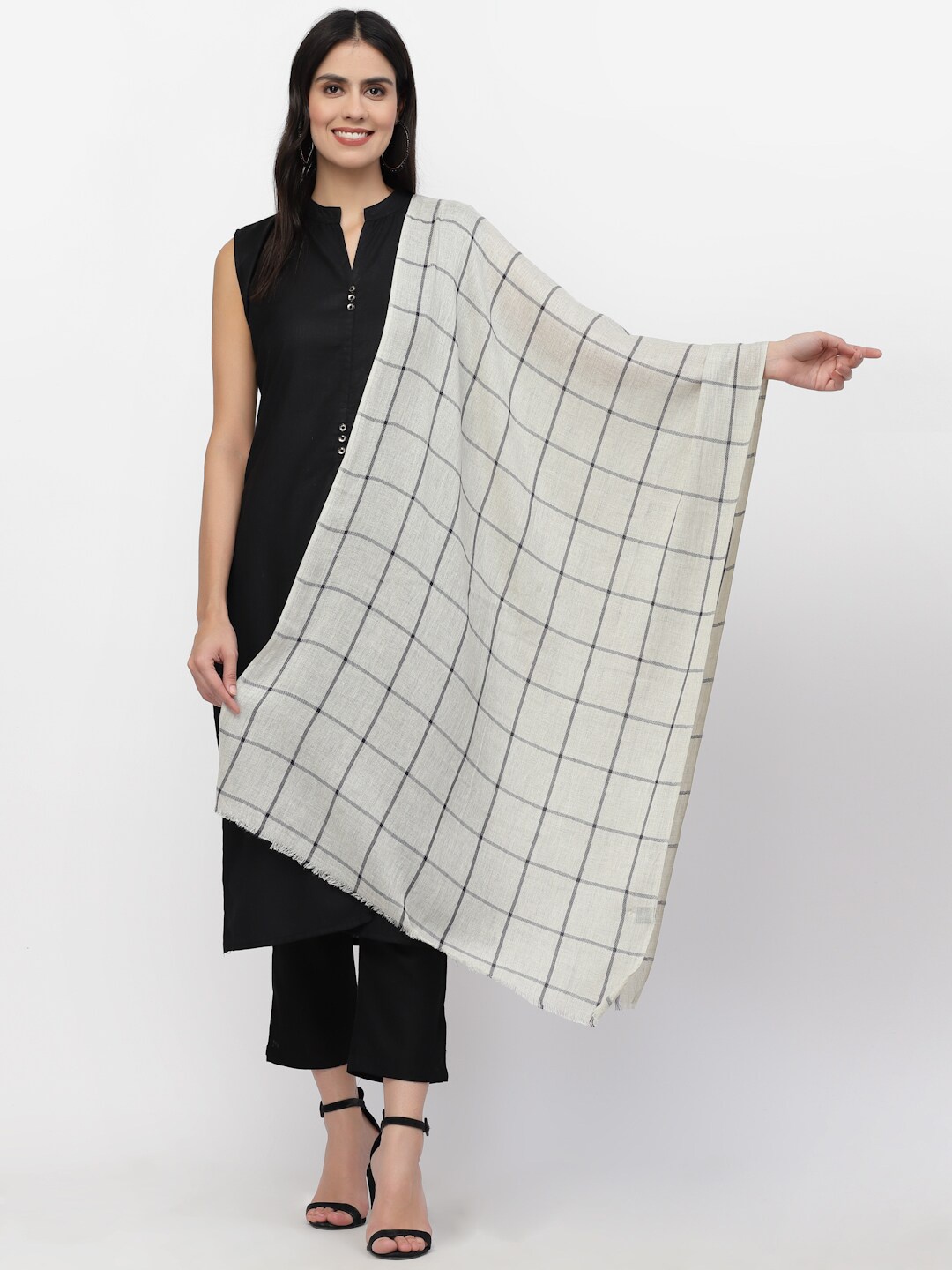 

Anekaant Women White & Black Checked Stole