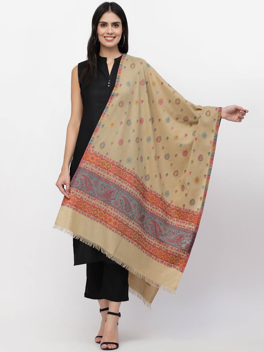 

Anekaant Women Beige & Pink Woven Design Stole