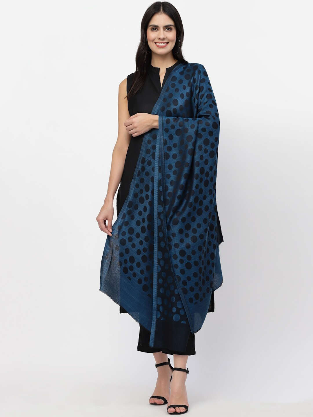 Anekaant Women Blue & Black Polka Dot Woven Design Modal Shawl