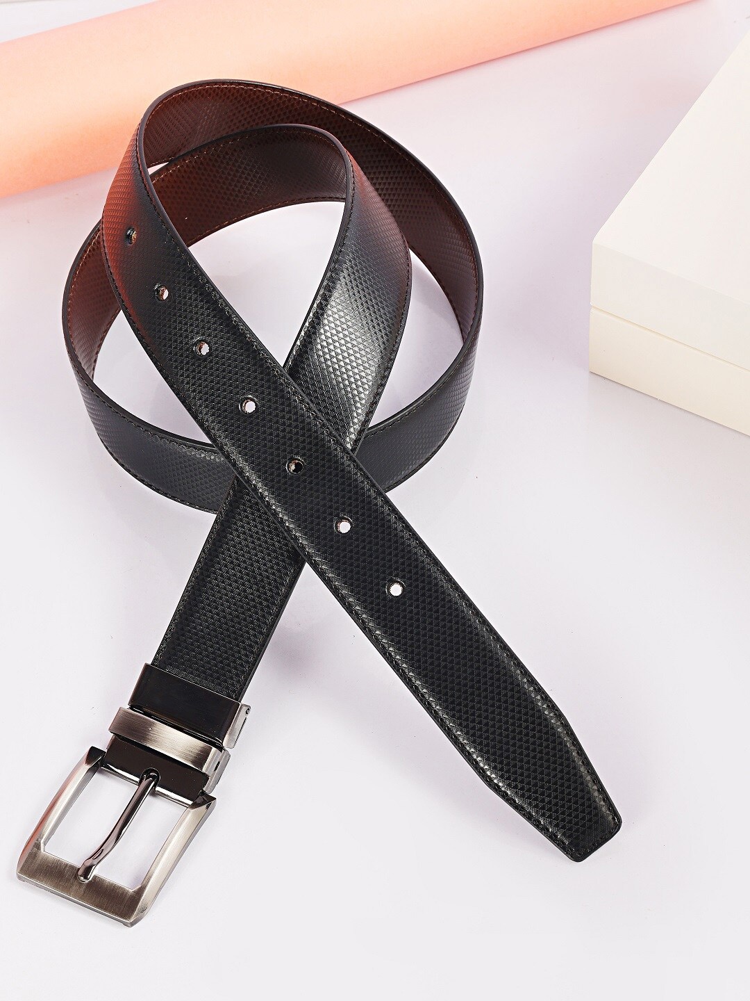 

ZEVORA Men Black Textured Leather Reversible Belt