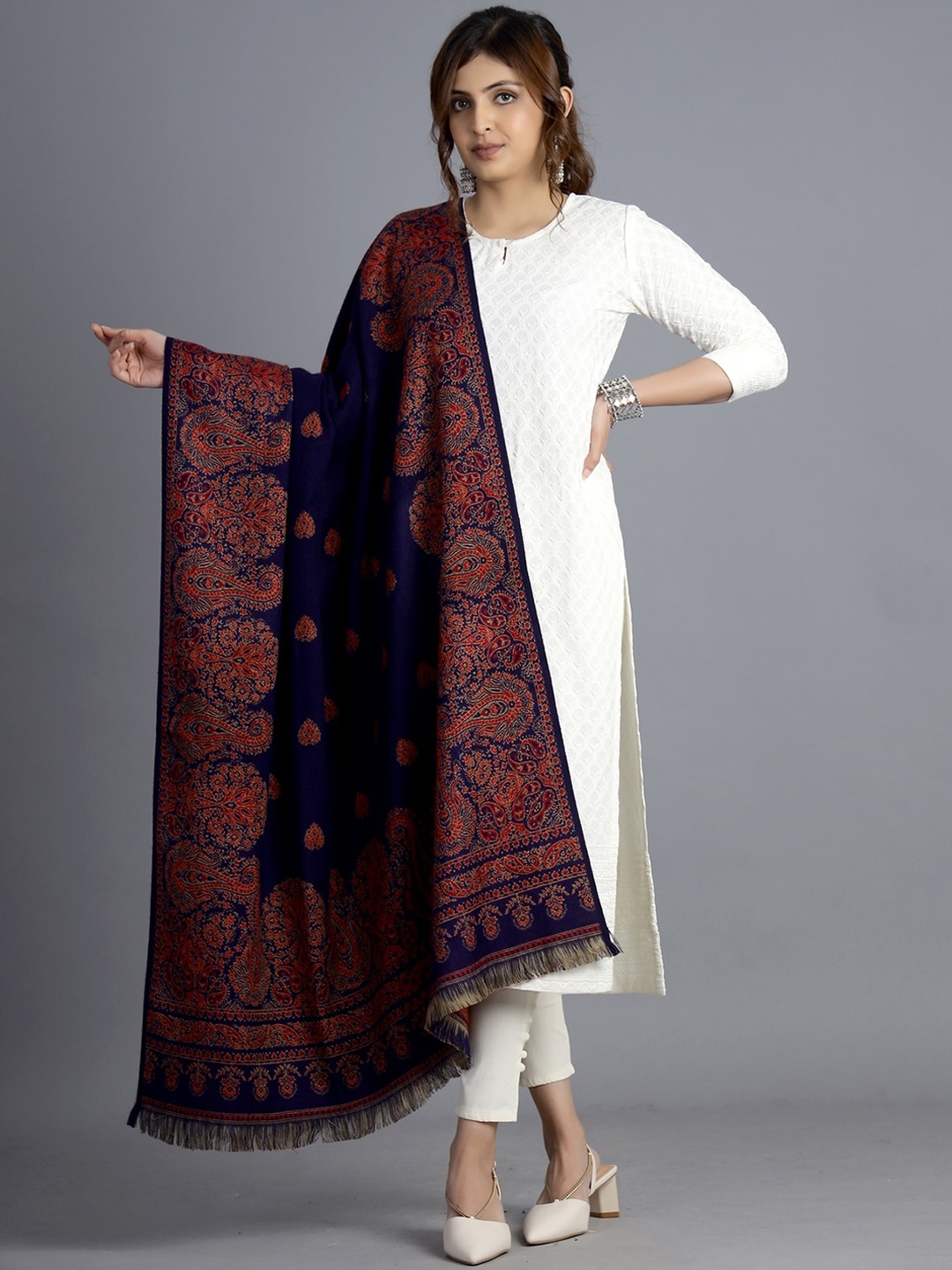 

HANDICRAFT PALACE Women Blue Woven-Design Shawl