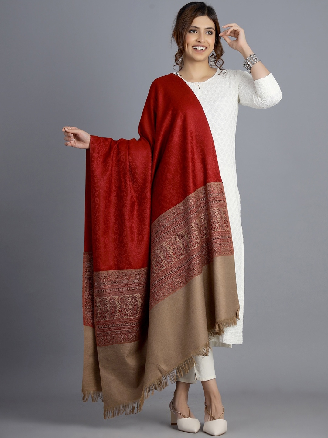 

HANDICRAFT PALACE Women Red Hand Woven Design Wool Shawl