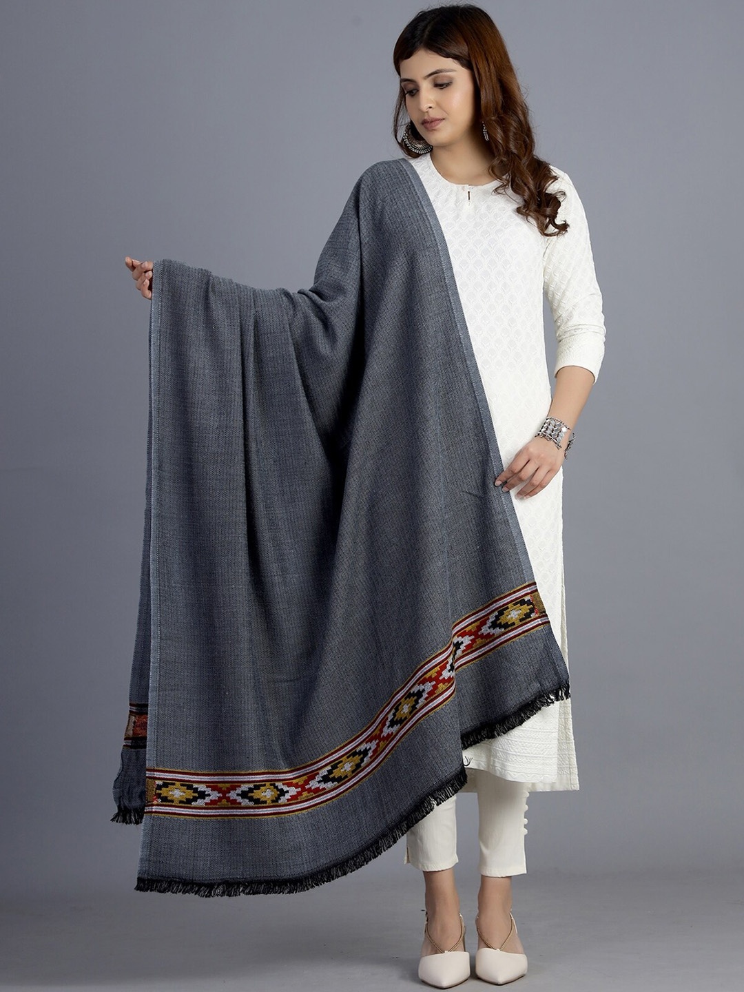 

HANDICRAFT PALACE Women Black Woven-Design Shawl