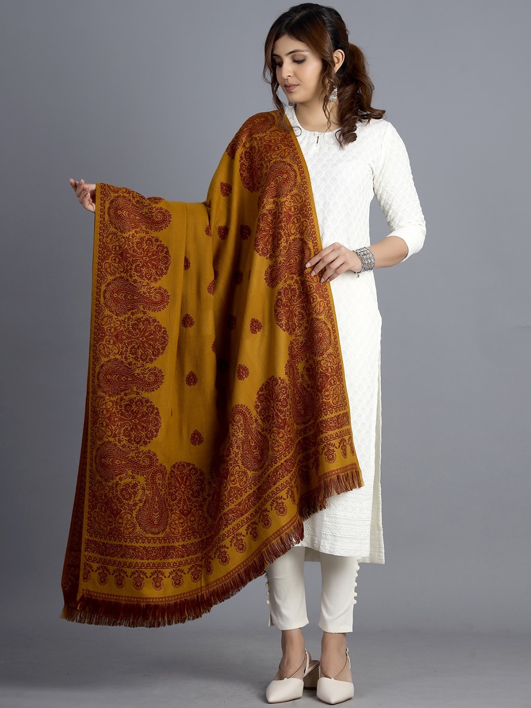 

HANDICRAFT PALACE Women Mustard Yellow Hand Woven Design Jamwar Paisley Wool Shawl