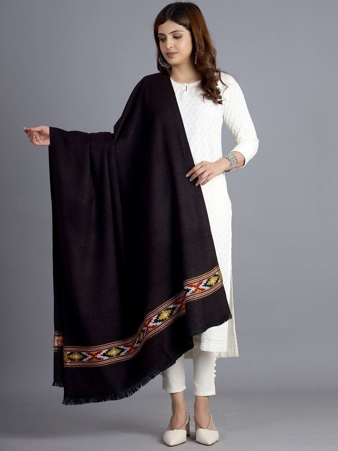 

HANDICRAFT PALACE Women Black Woven-Design Shawl
