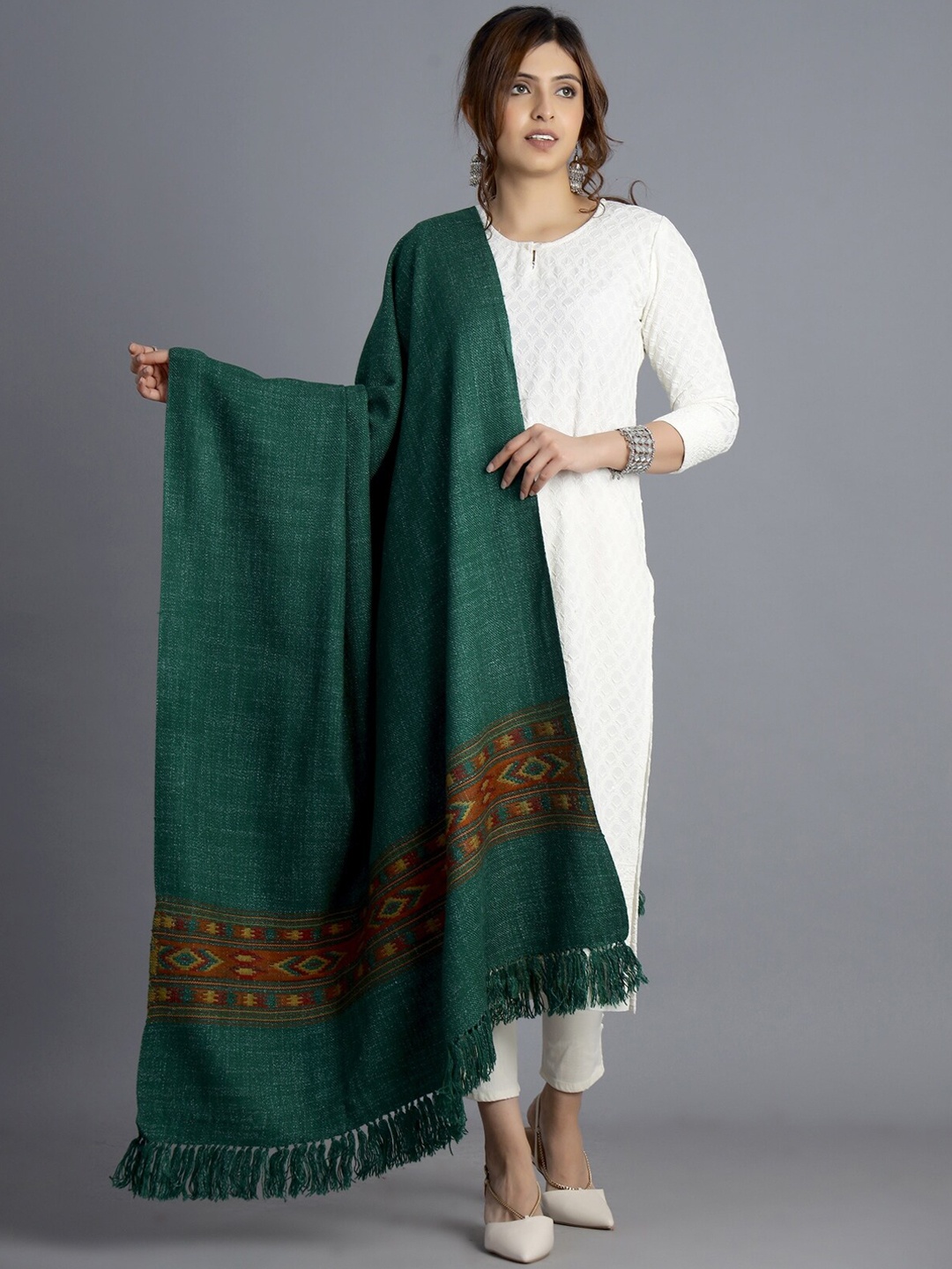 

HANDICRAFT PALACE Women Green Solid Hand Woven Design Wool Shawl