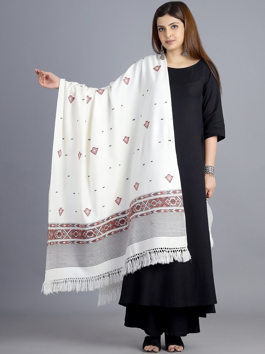 

HANDICRAFT PALACE Women White & Brown Woven-Design Shawl