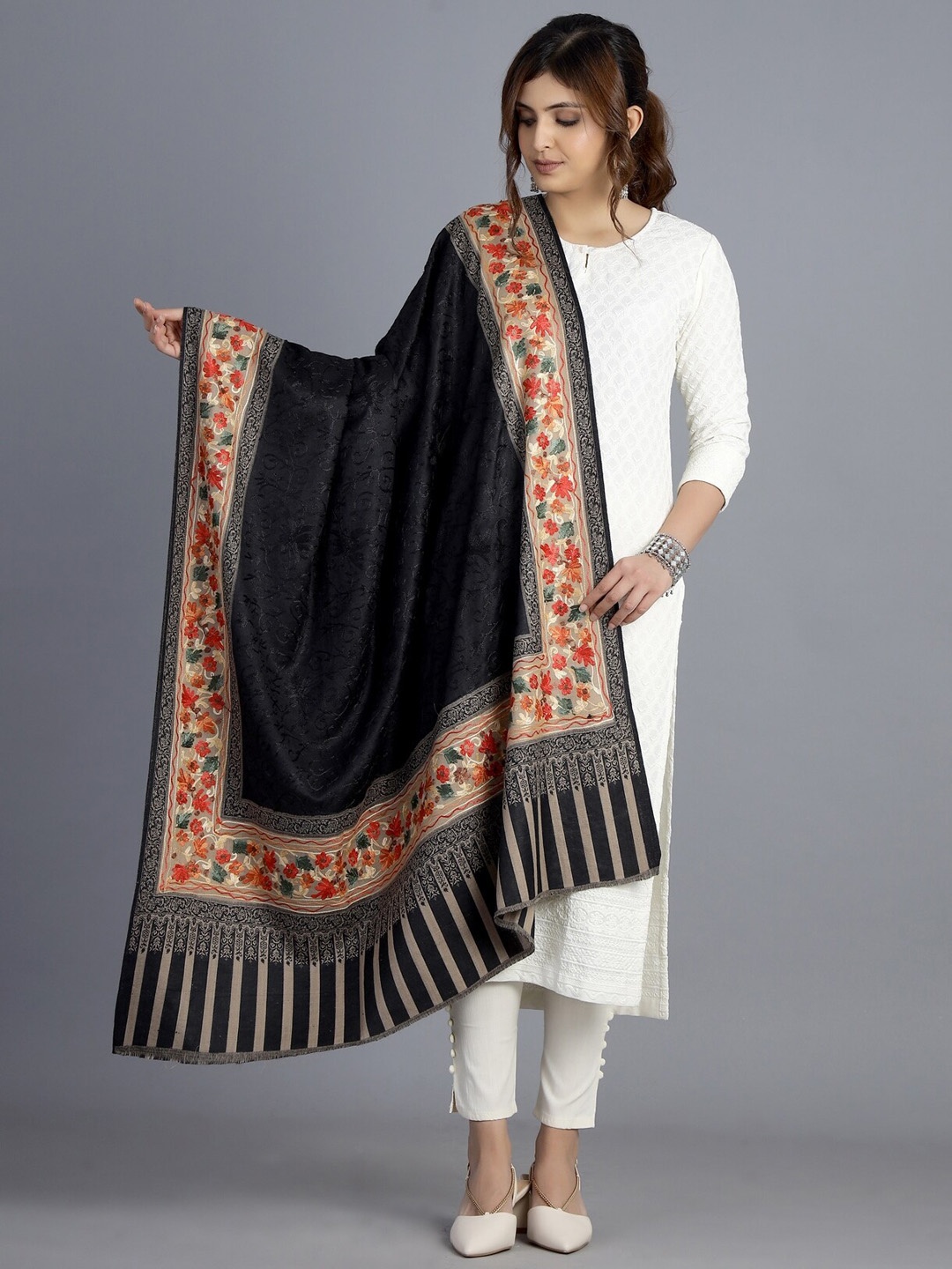 

HANDICRAFT PALACE Women Black Hand Embroidered Design Wool Shawl