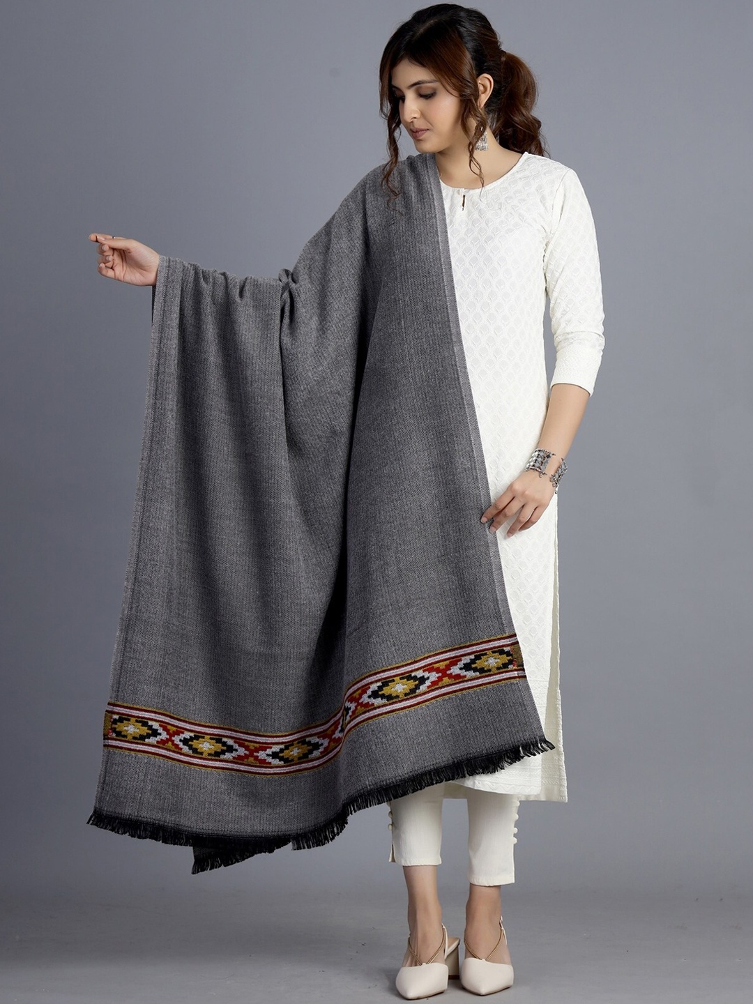 

HANDICRAFT PALACE Women Grey Woven Design Wool Shawl