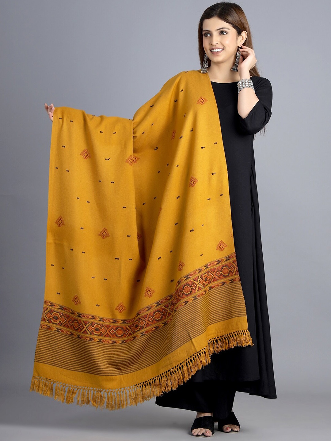 

HANDICRAFT PALACE Women Mustard Yellow Woven Design Shawl