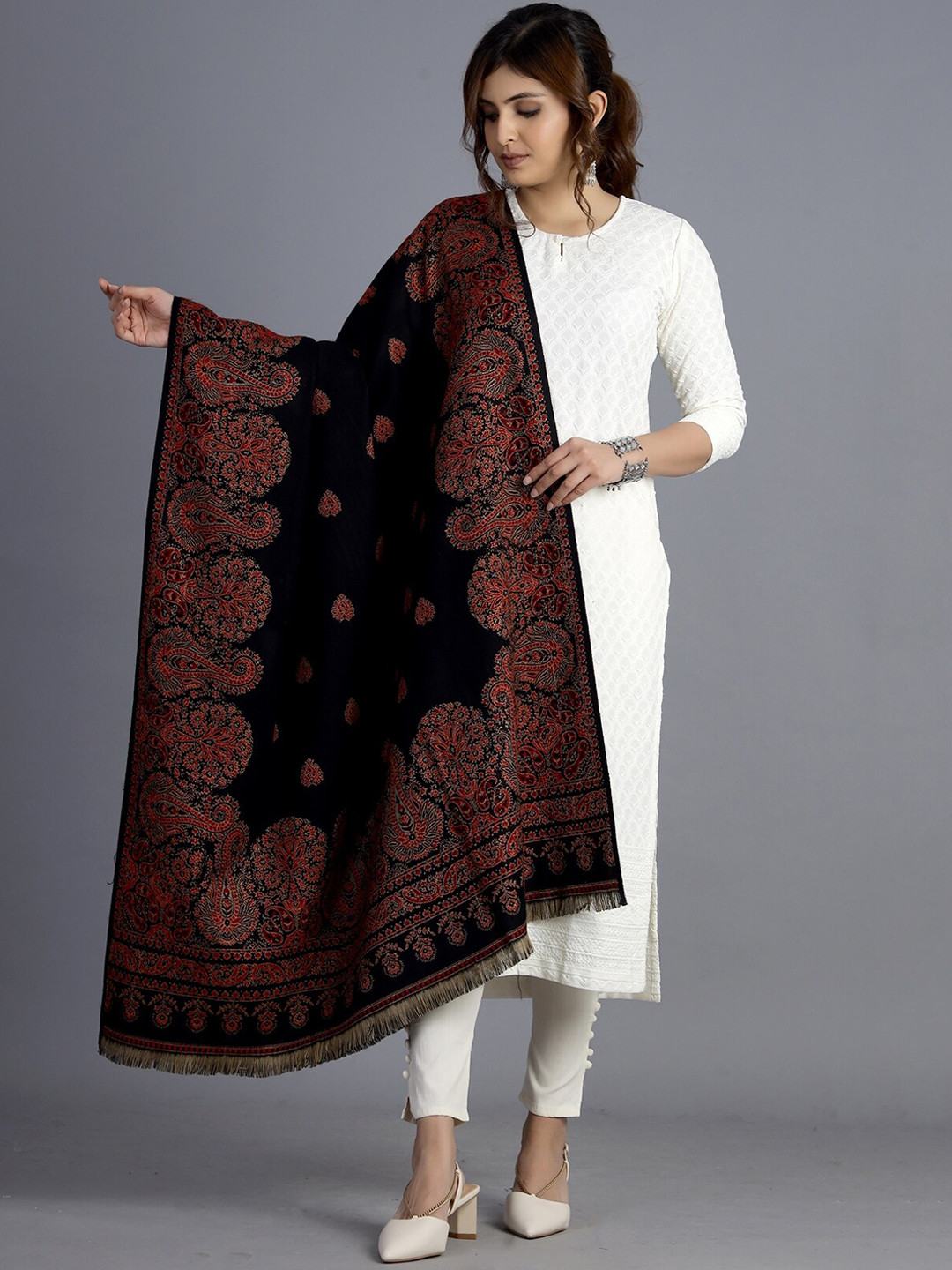 

HANDICRAFT PALACE Women Black Woven-Design Paisley Shawl