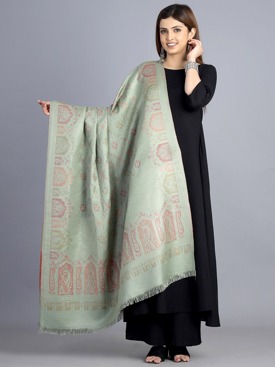 

HANDICRAFT PALACE Women Green Hand Woven Design Wool Shawl