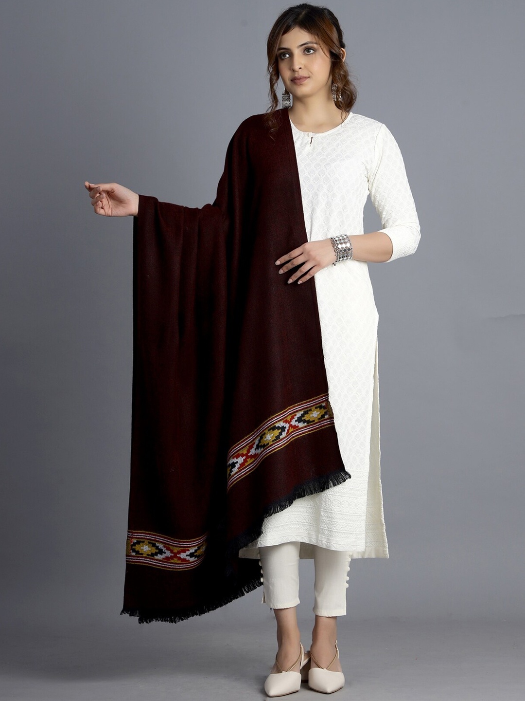 

HANDICRAFT PALACE Women Maroon Solid Hand Woven Design Wool Shawl