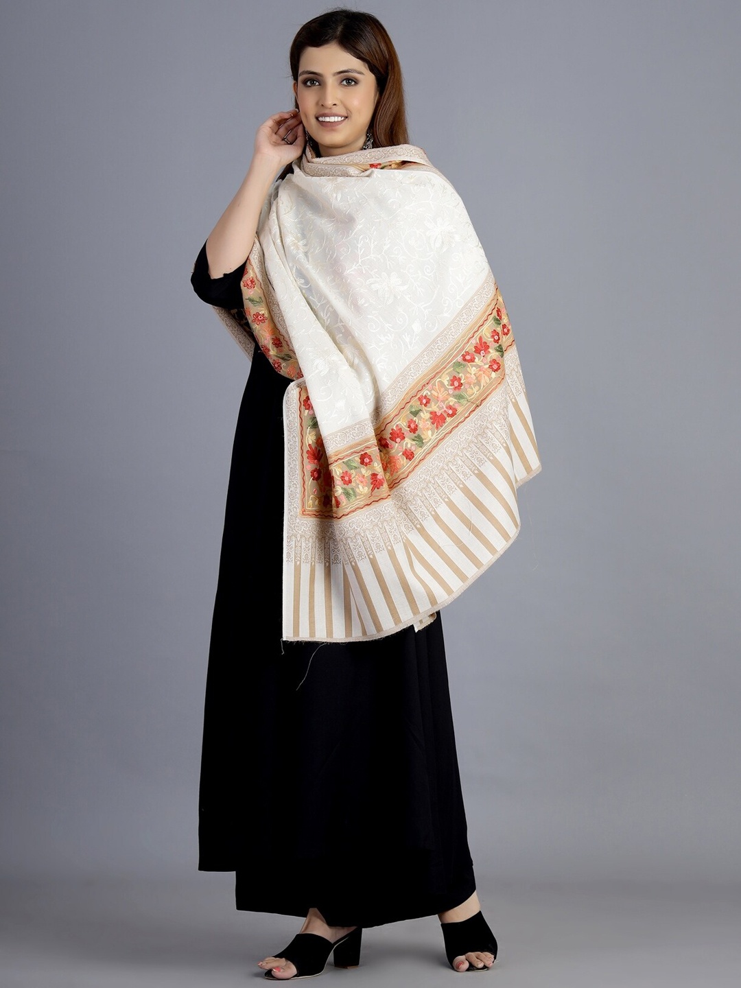 

HANDICRAFT PALACE Women White Hand Embroidered Design Wool Shawl