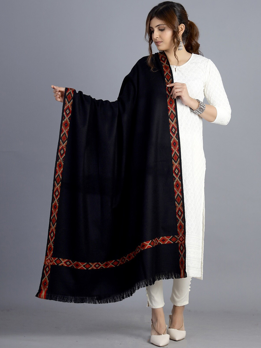 

HANDICRAFT PALACE Women Black Woven-Design Shawl