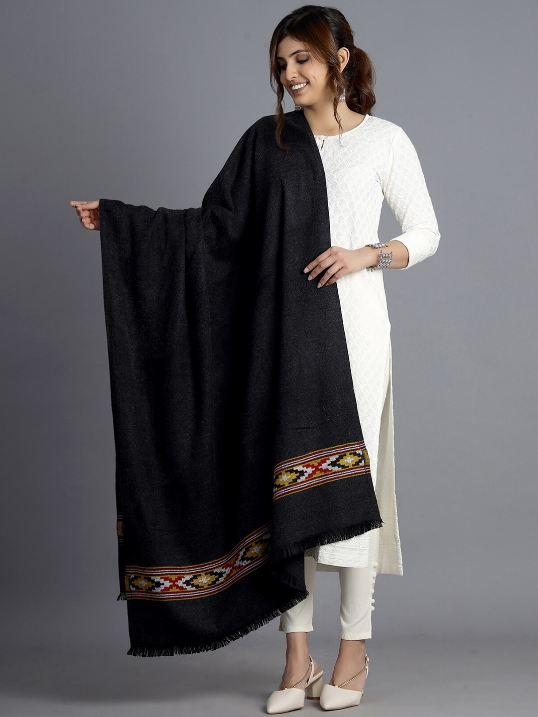 

HANDICRAFT PALACE Women Black Woven-Design Shawl