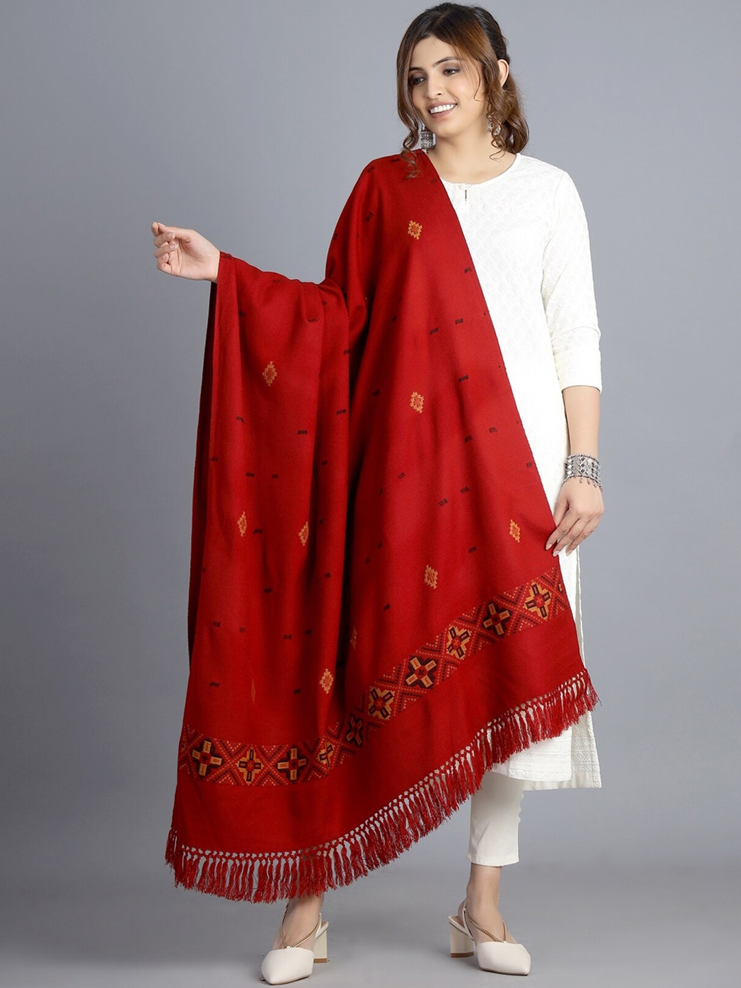 

HANDICRAFT PALACE Women Red & Black Woven Design Shawl