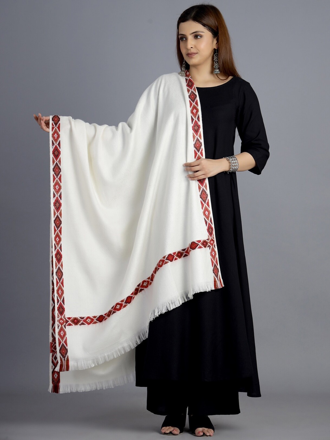 

HANDICRAFT PALACE Women White & Red Woven Design Shawl