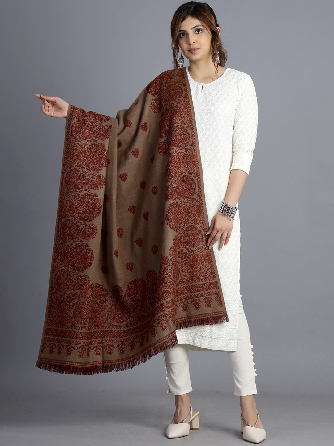 

HANDICRAFT PALACE Women Brown Woven-Design Paisley Shawl