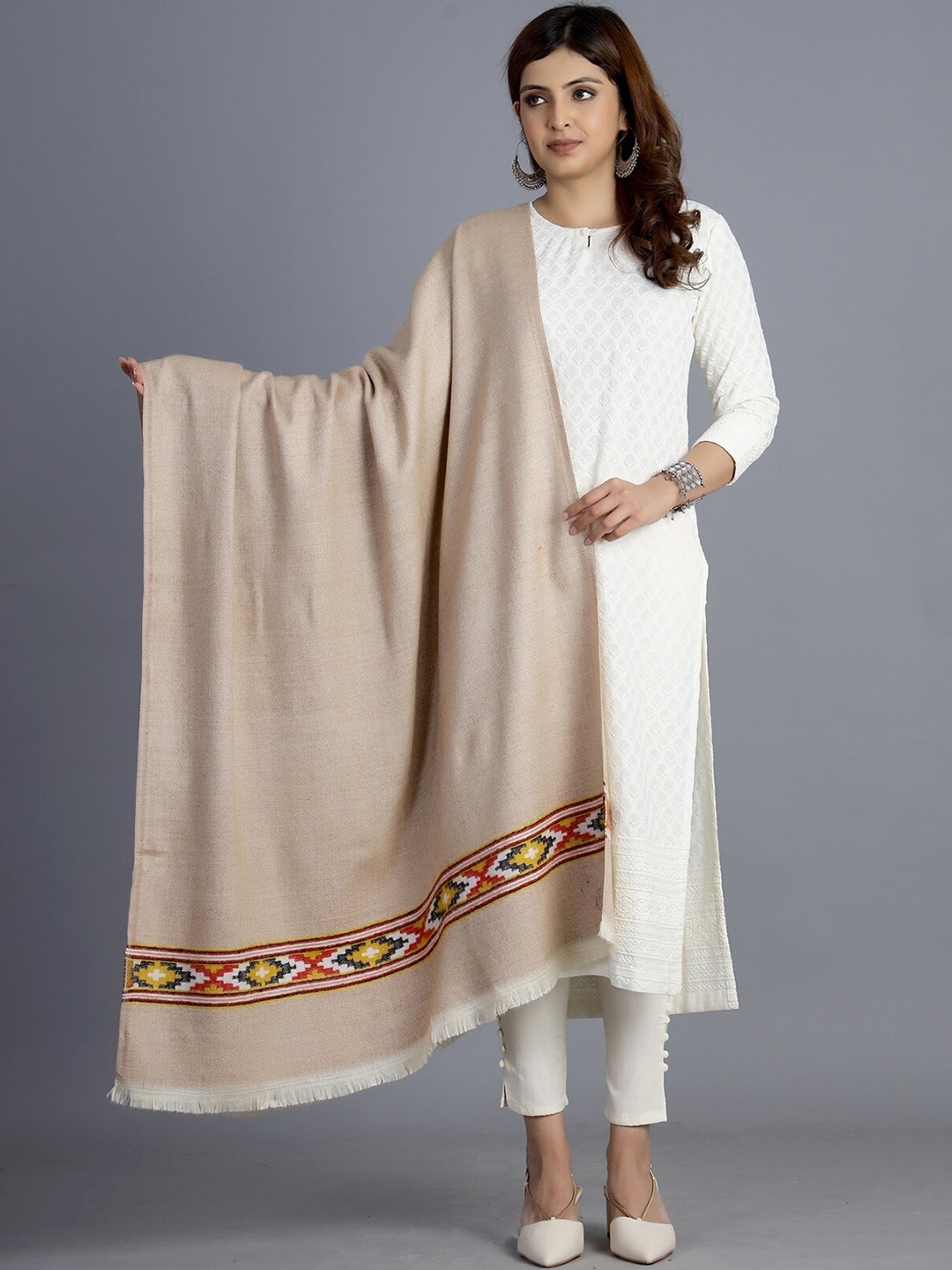

HANDICRAFT PALACE Women Orange Woven-Design Shawl, Beige