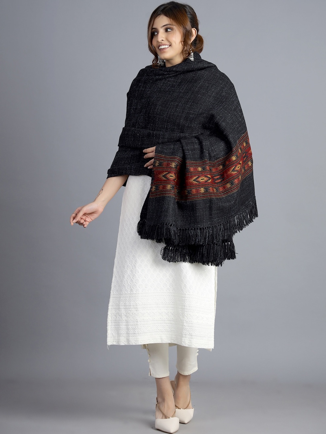 

HANDICRAFT PALACE Women Black Solid Hand Woven Design Wool Shawl