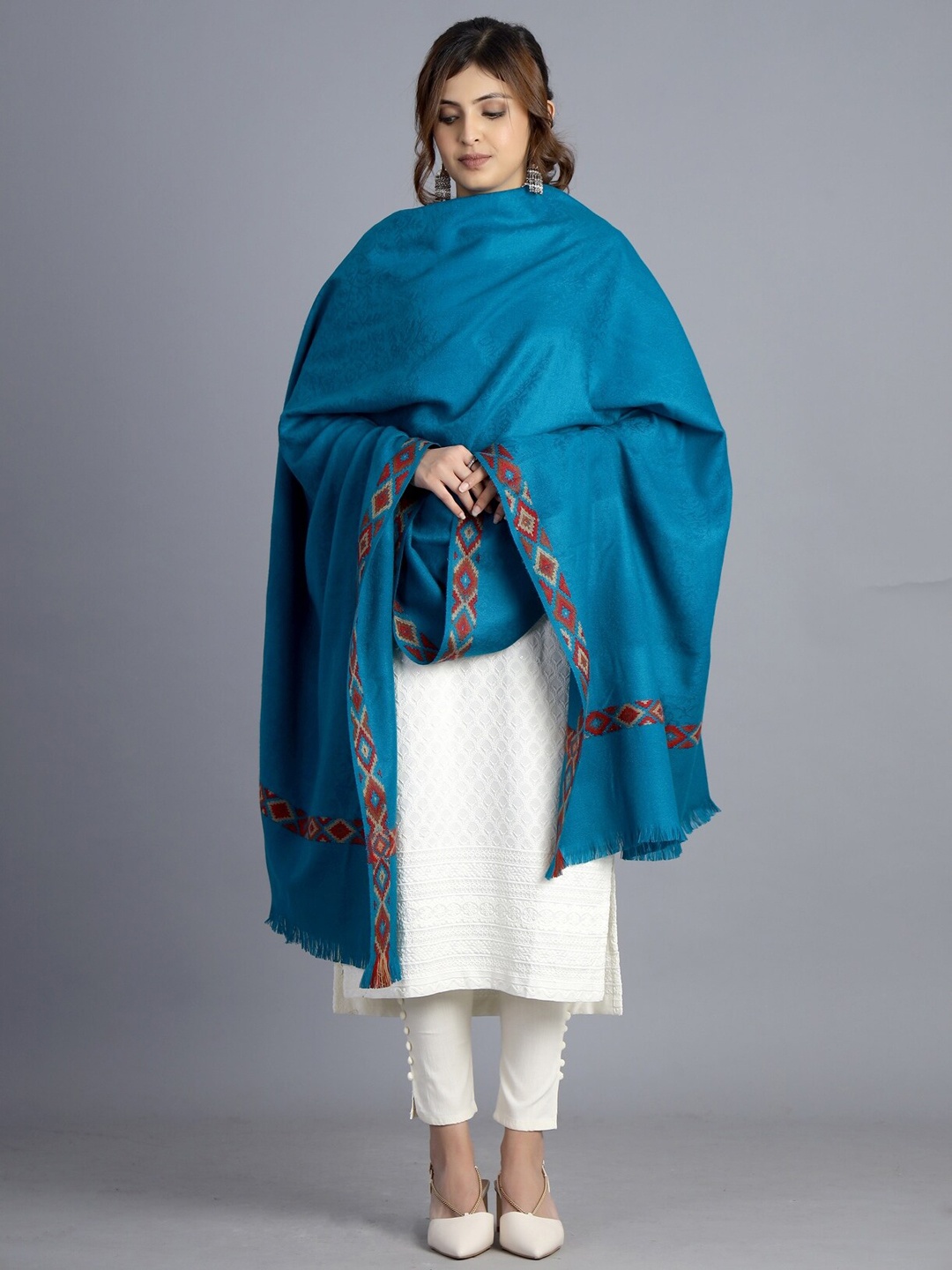 

HANDICRAFT PALACE Women Turquoise Blue Solid Hand Woven Design Wool Shawl