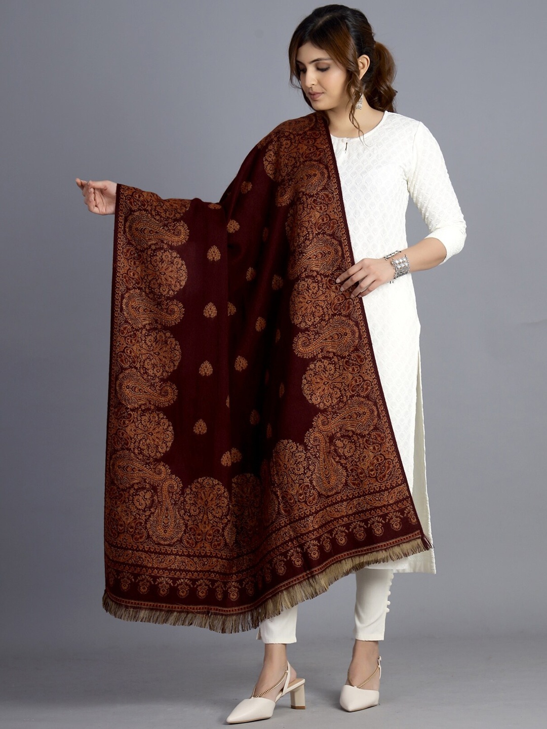 

HANDICRAFT PALACE Women Maroon & Brown Woven Design Shawl