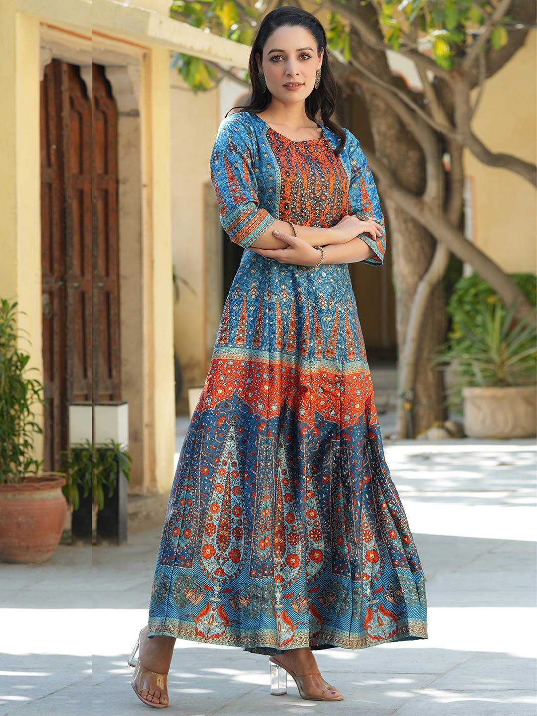 

Juniper Women Teal & Orange Printed Silk Maxi Ethnic Dresses