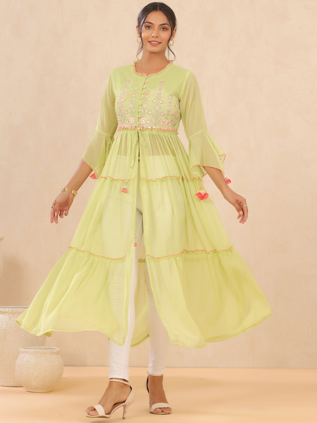 

Juniper Embroidered Flared Sleeves Anarkali Chiffon Kurta, Green