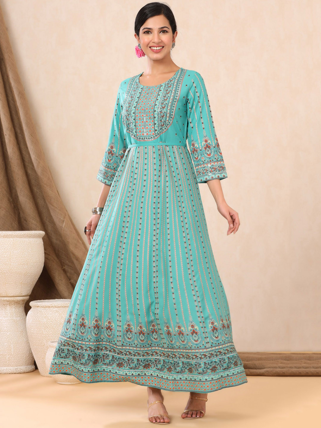 

Juniper Women Teal-Blue Printed Floor-Length Anarkali Dresses With Belt
