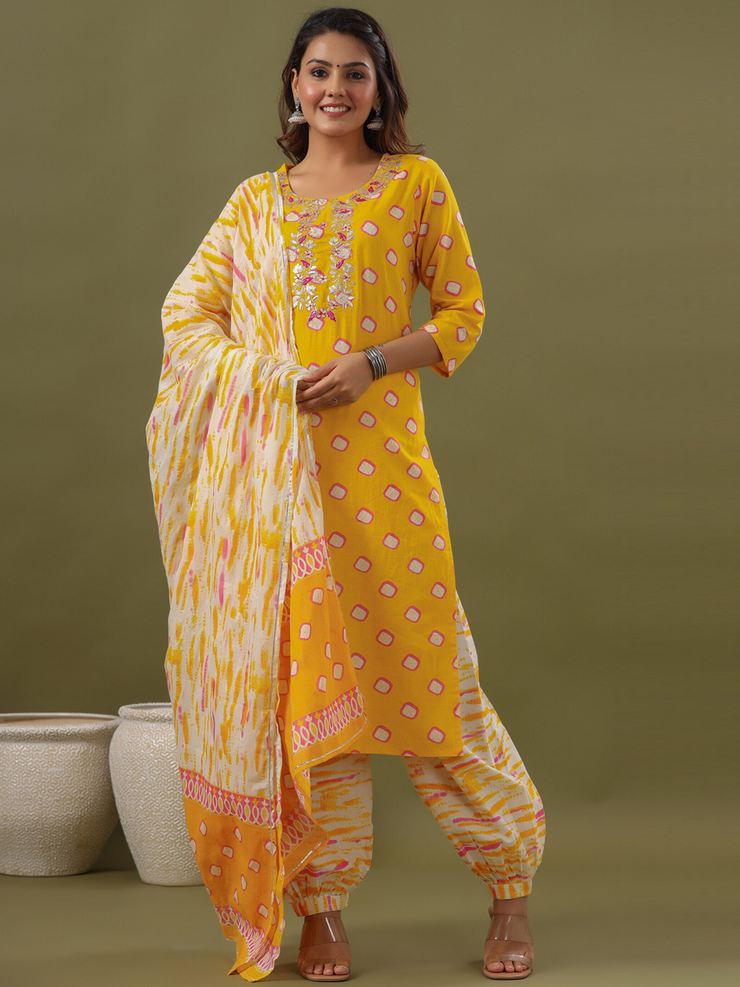 

Juniper Women Yellow Ethnic Motifs Printed Gotta Patti Pure Cotton Kurta with Patiala & With Dupatta