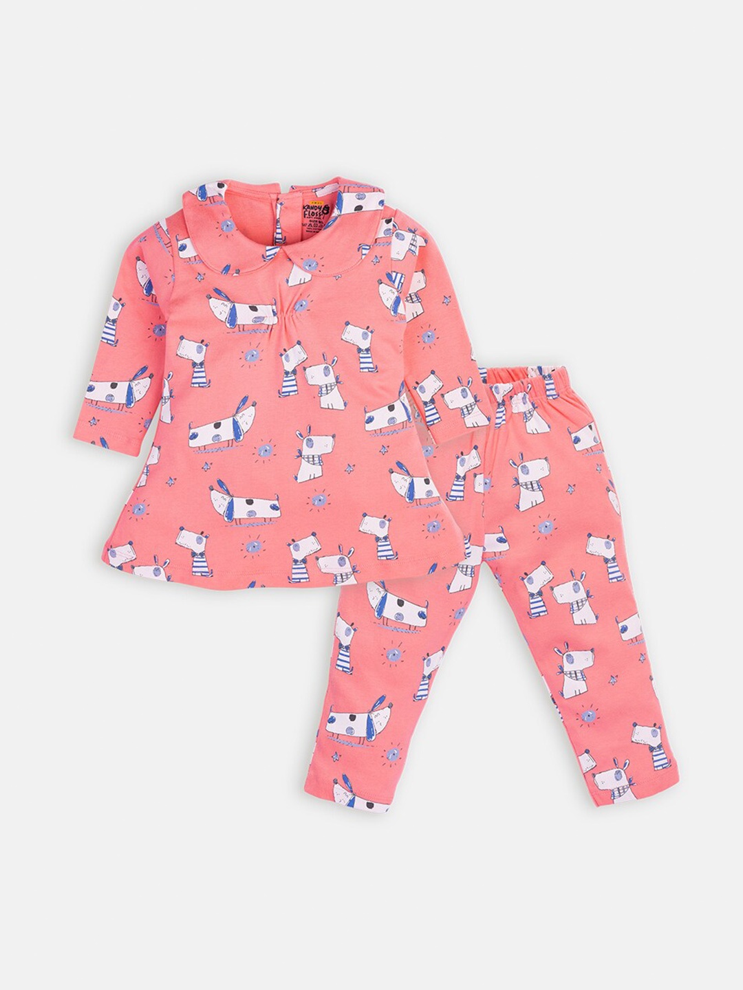 

AMUL Kandyfloss Girls Peach-Coloured & Blue Printed Pure Cotton Top with Pyjamas