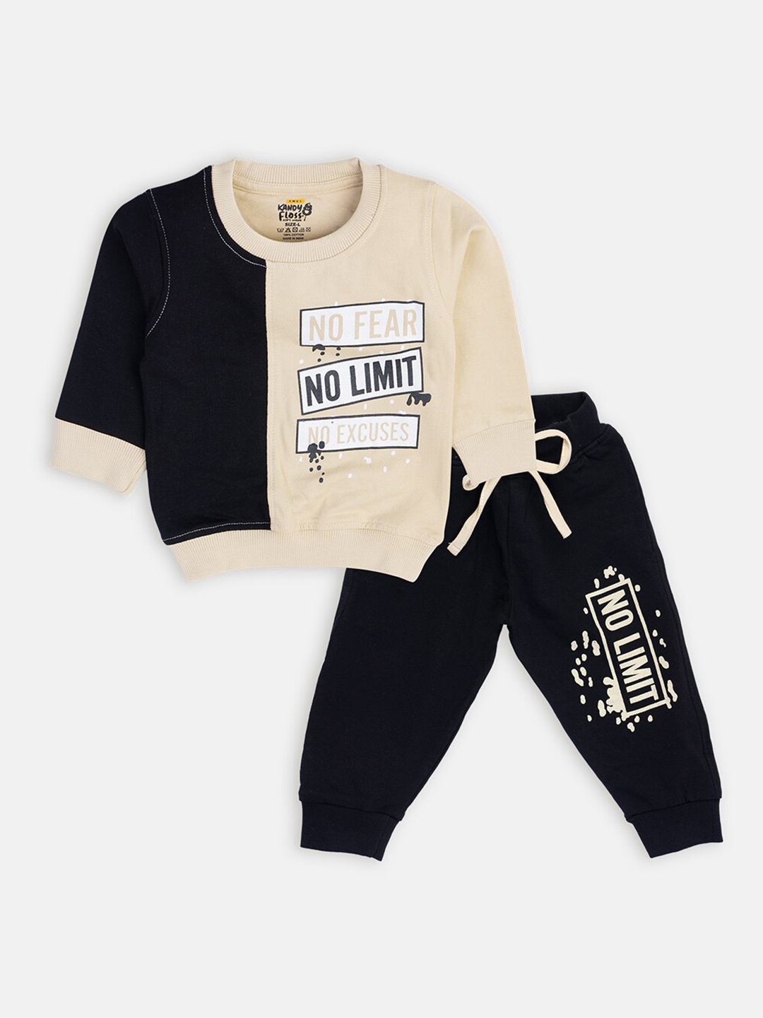 

AMUL Kandyfloss Kids Beige & Navy Blue Printed Pure Cotton T-shirt with Trousers