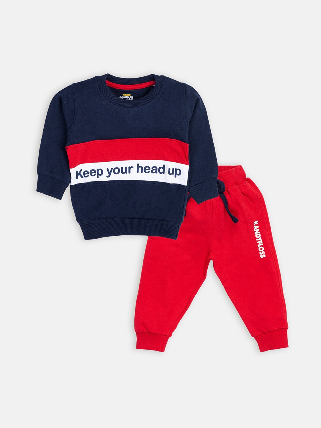 

AMUL Kandyfloss Kids Navy Blue & Red Printed Pure Cotton T-shirt with Trousers
