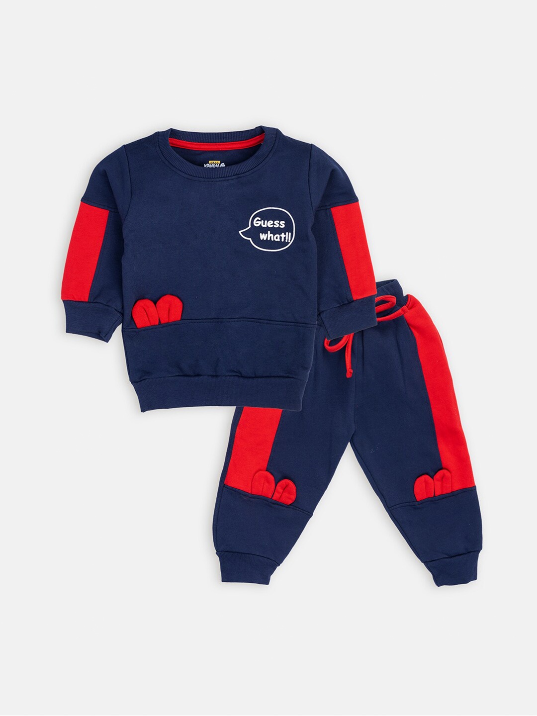 

AMUL Kandyfloss Kids Navy Blue & Red Colourblocked Pure Cotton T-shirt with Trousers