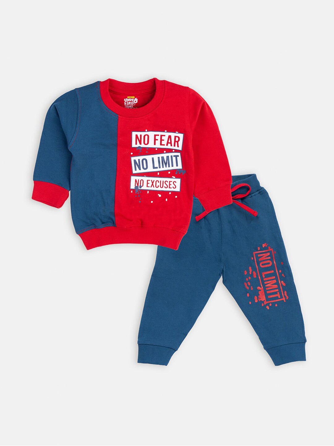 

AMUL Kandyfloss Unisex Kids Red & Blue Colourblocked Pure Cotton T-shirt with Trousers