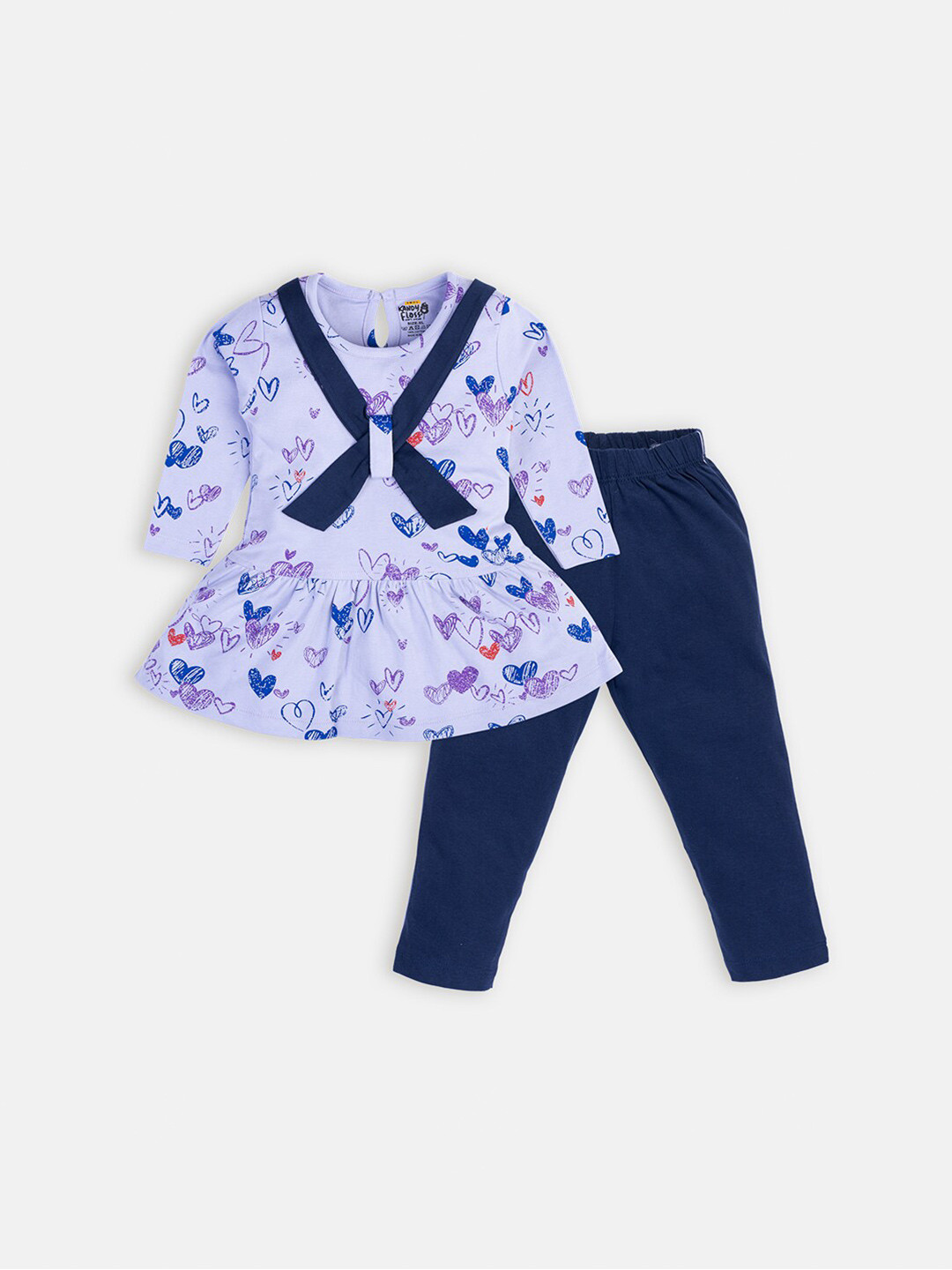 

AMUL Kandyfloss Girls Violet & Navy Blue Printed Pure Cotton Top with Trousers