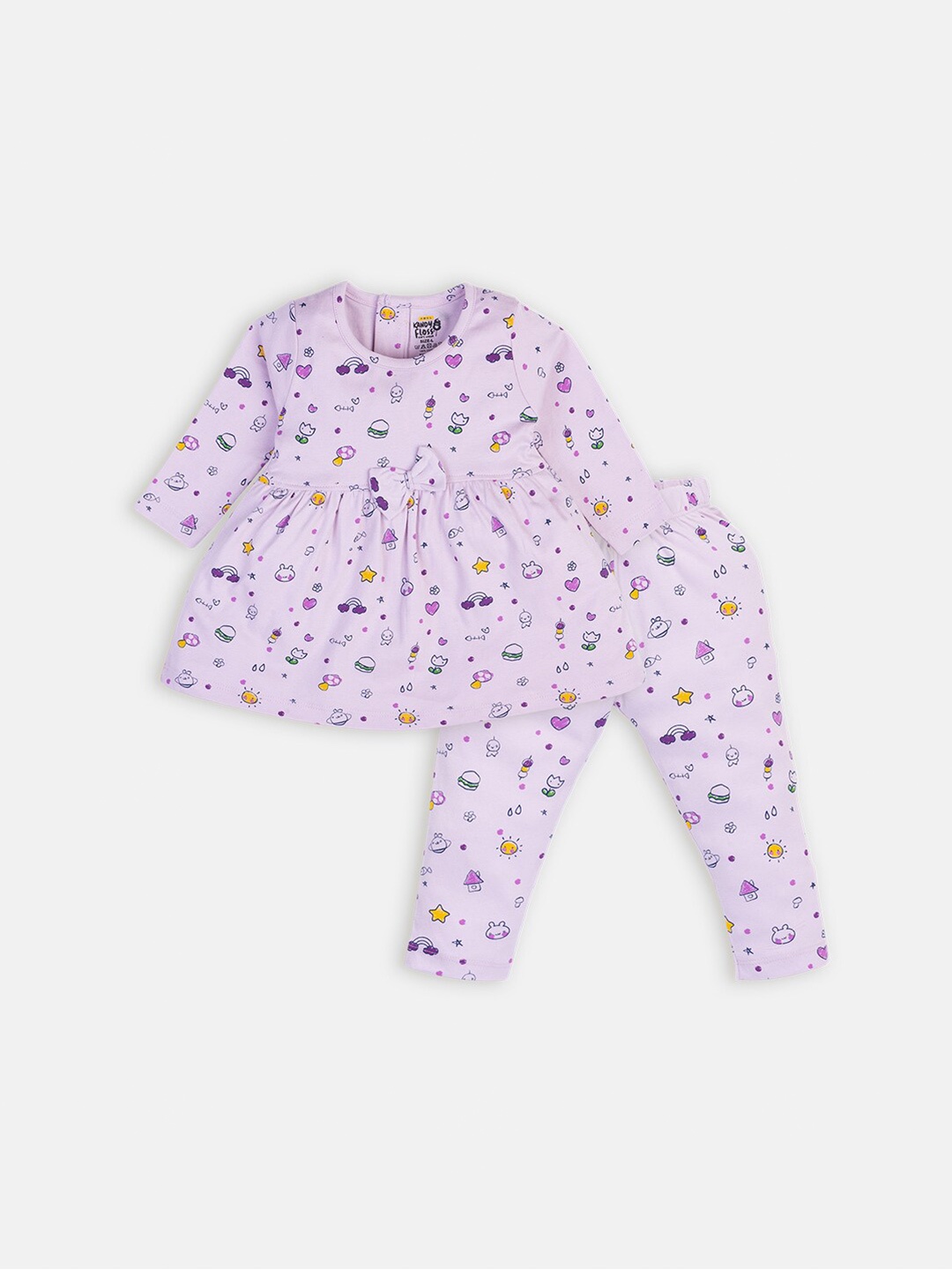 

AMUL Kandyfloss Girls Violet & Yellow Printed Pure Cotton Top with Pyjamas
