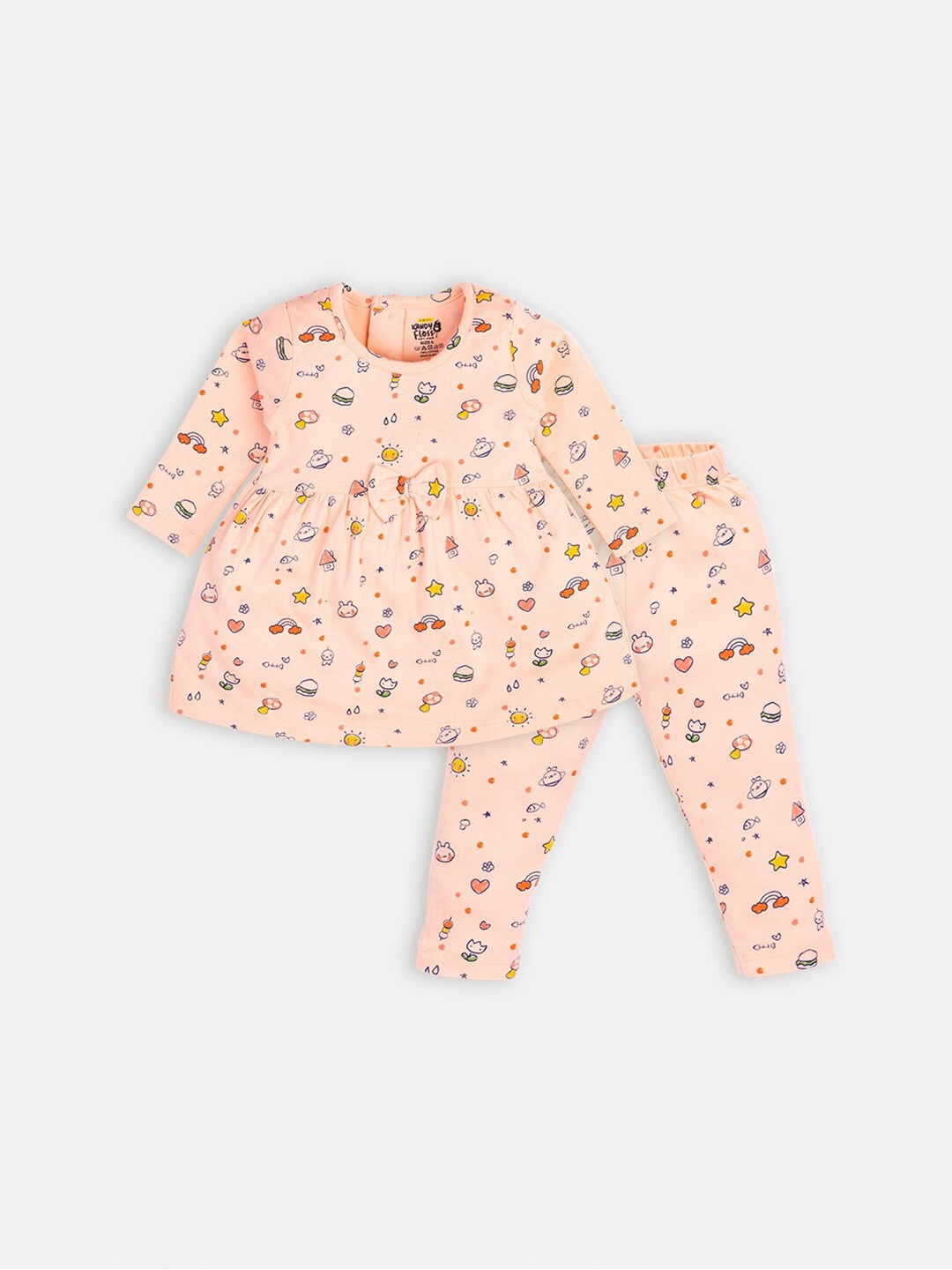 

AMUL Kandyfloss Girls Peach-Coloured & Blue Printed Pure Cotton Top with Trousers