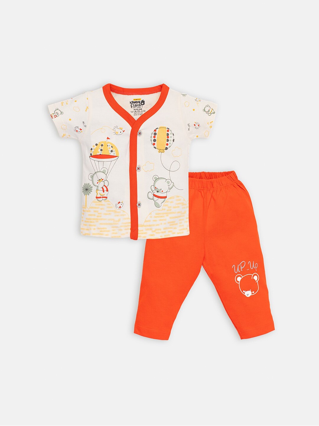 

AMUL Kandyfloss Kids Cream-Coloured & Orange Printed Pure Cotton Shirt with Trousers