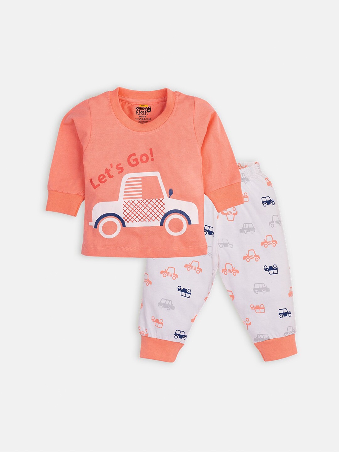 

AMUL Kandyfloss Kids Peach-Coloured & Grey Printed Pure Cotton T-shirt with Trousers