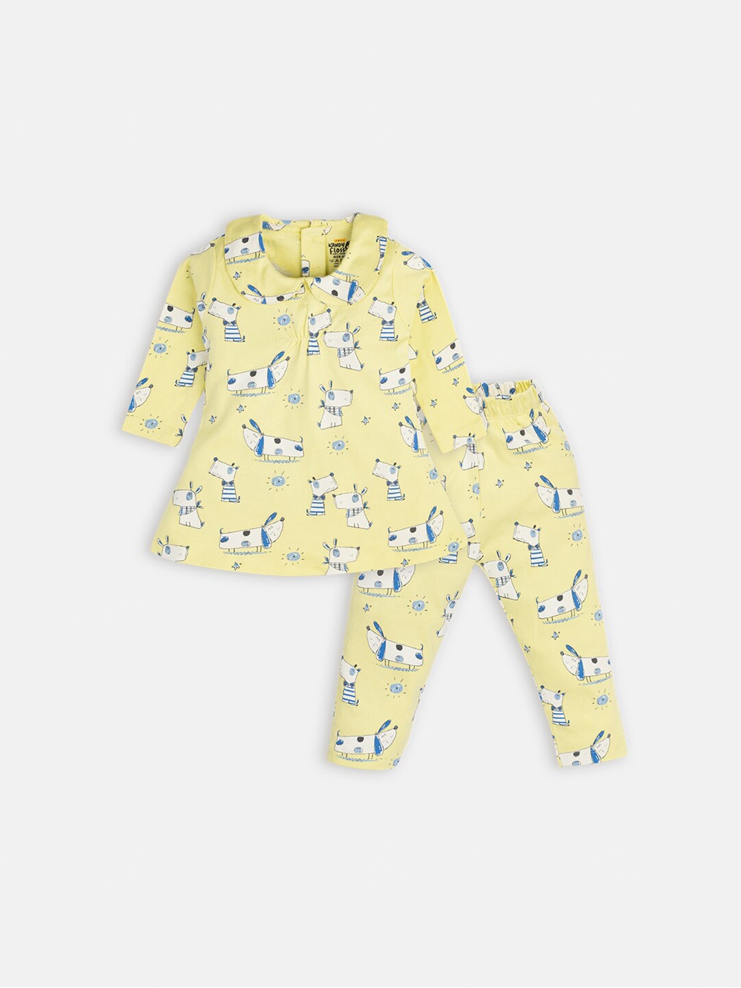 

AMUL Kandyfloss Girls Yellow & White Printed Pure Cotton Top with Trousers